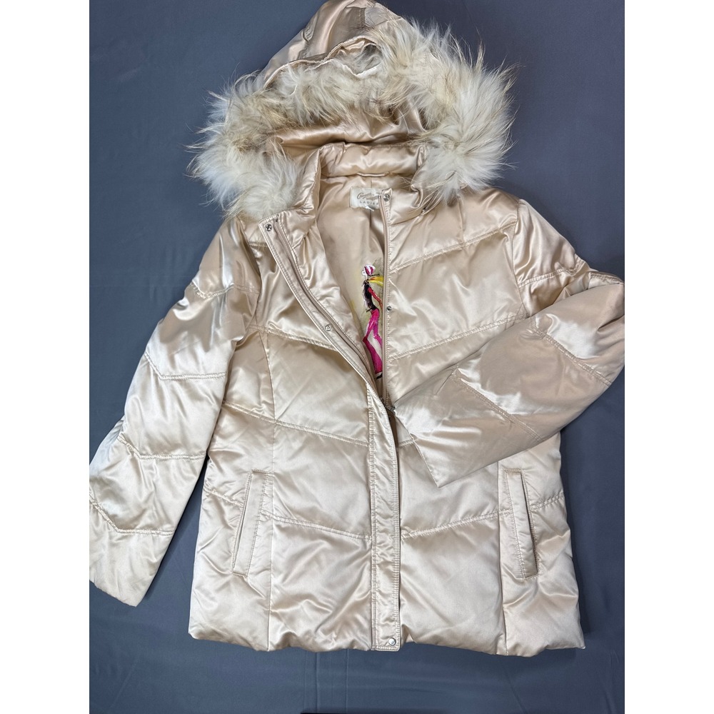 Crocodile Ladies Champagne Puffer Jacket Detachable Faux Fur Hood Size M